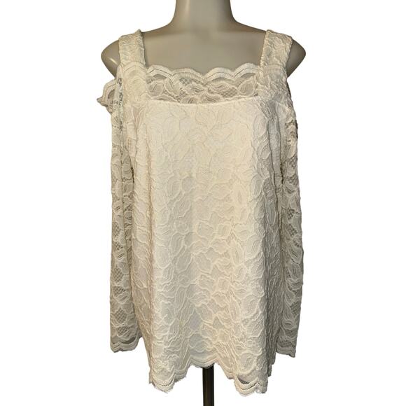 Chicos Women’s Lace Cold-Shoulder Top Size 2 US Large off White Long Sleeve Line - Picture 2 of 7